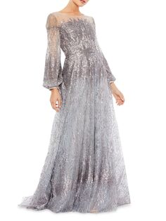 Расклешенное платье с вышивкой бисером Mac Duggal, платиновый