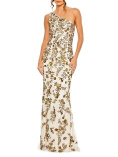 Асимметричное платье с цветочным принтом и бусинами Mac Duggal, золотой