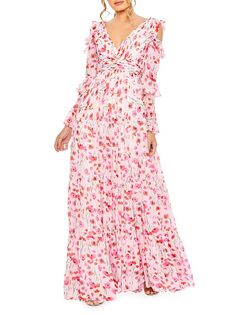 Платье с цветочным принтом и оборками на рукавах Mac Duggal, белый