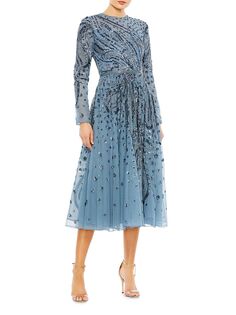 Украшенное платье Illusion с длинными рукавами Mac Duggal, синий