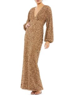 Расшитое блестками платье-колонна с короткими рукавами Mac Duggal, бронзовый