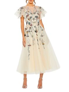 Платье миди из тюля Mac с цветочным орнаментом Mac Duggal, бежевый