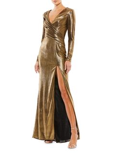 Асимметричное платье цвета металлик с длинными рукавами и рюшами Mac Duggal, золотой