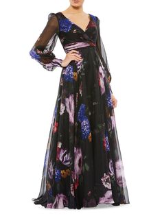 Шифоновое платье с длинными рукавами и цветочным принтом Mac Duggal, черный
