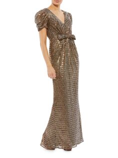 Металлизированное платье с объемными рукавами Mac Duggal, бронзовый