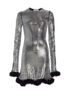 Мини-платье со стеклянной вышивкой и отделкой перьями MACH &amp; MACH, серебряный