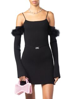 Мини-платье с открытыми плечами, украшенное перьями MACH &amp; MACH, черный