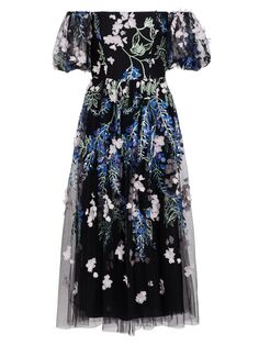 Платье-миди с открытыми плечами и цветочным принтом Marchesa Notte, черный