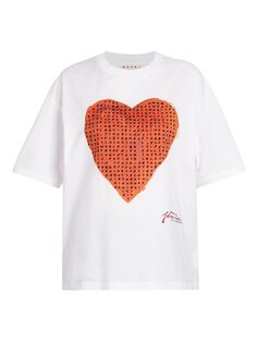 Хлопковая футболка с короткими рукавами и сердечками Marni, белый