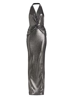 Трикотажное платье с эффектом металлик Stella и перекрученным халтером Michael Costello Collection, серебряный