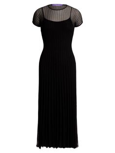 Плиссированное платье-миди ажурной вязки Ralph Lauren Collection, черный