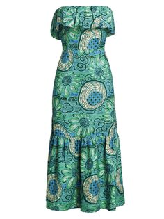 Льняное платье миди без бретелек Thea с геометрическим рисунком RHODE, аква