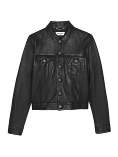 Джинсовая куртка из гладкой кожи ягненка с барабанами Saint Laurent, черный