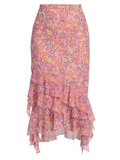 Шелковая шифоновая юбка миди с оборками Lita и цветочным принтом Saloni, коралловый