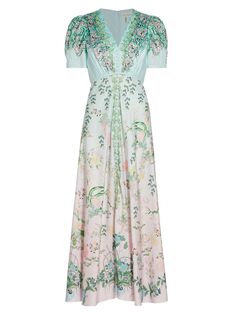 Шелковое платье макси в горошек с цветочным принтом Saloni