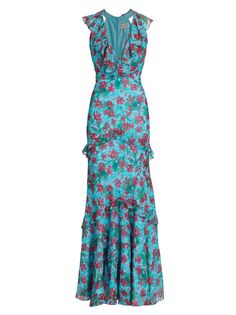 Платье макси Rita с оборками и цветочным принтом Saloni, аква