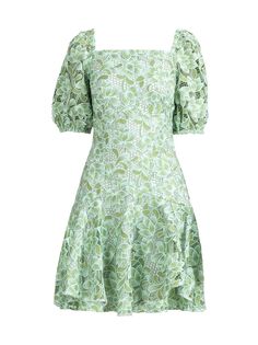 Кружевное мини-платье Layne с пышными рукавами Shoshanna, зеленый