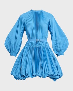 Плиссированное мини-платье с пышными рукавами и поясом Jil Sander
