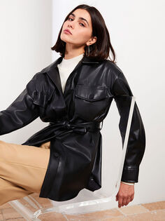 Прямая женская куртка-рубашка большого размера из кожи с длинными рукавами LCW Vision