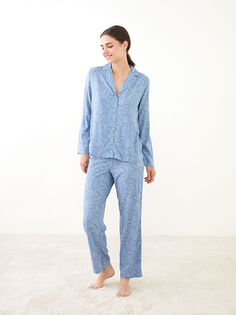 PETITE Женский пижамный комплект из вискозы с длинным рукавом и узорчатым воротником-рубашкой LCW Dream