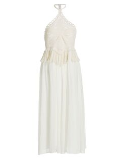 Вязаное крючком платье макси из шифона и крючком с лямкой на шее Calypso St. Barth, белый