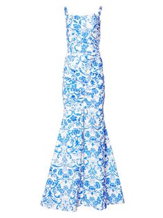 Вечернее платье с цветочным принтом и сборками Carolina Herrera, синий