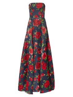 Платье А-силуэта без бретелек с принтом роз Carolina Herrera