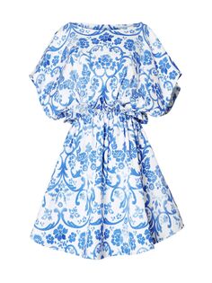 Широкое присборенное мини-платье с короткими рукавами Carolina Herrera, синий