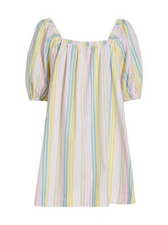Полосатое мини-платье с пышными рукавами GANNI, разноцветный