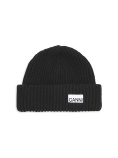 Шапка-бини из смесовой шерсти с логотипом GANNI, черный