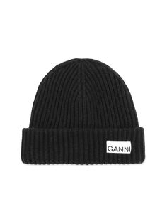 Вязаная шапка с логотипом в рубчик GANNI, черный