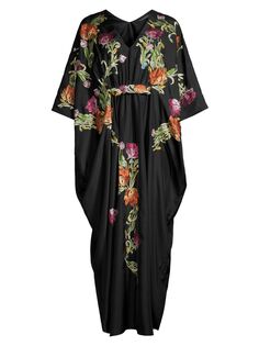 Атласное платье макси с вышивкой Shinjo Josie Natori, черный