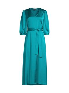 Атласное платье-миди с завязками на талии Misook, синий