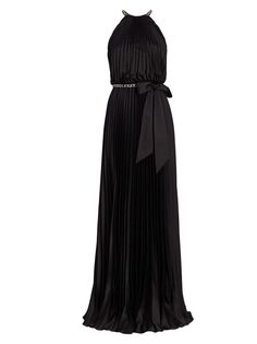 Атласное плиссированное платье с поясом и цепочкой ML Monique Lhuillier, черный