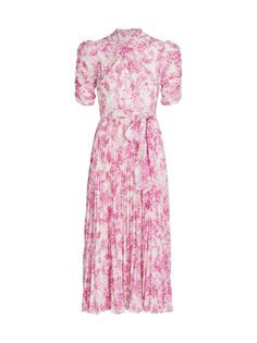 Плиссированное платье-миди с поясом и цветочным принтом ML Monique Lhuillier
