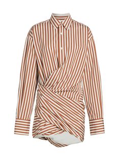 Полосатое мини-платье-рубашка с драпировкой Monse, коричневый