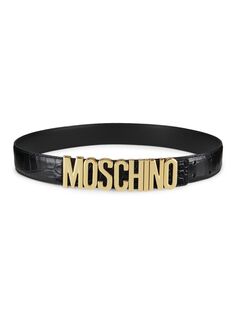 Кожаный ремень с пряжкой-логотипом и тиснением под крокодила Moschino, черный