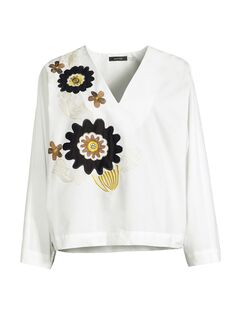 Хлопковая блузка с цветочной вышивкой Natori, белый