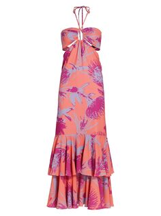 Платье макси с оборками и цветочным принтом No Pise La Grama, коралловый