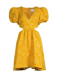 Жаккардовое мини-платье с пышными рукавами и вырезами One33 Social, золотой