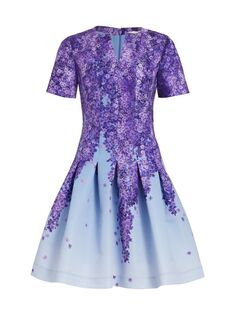 Плиссированное платье до колен с цветочным принтом Oscar de la Renta, синий
