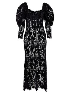 Бархатное гипюровое платье миди Acorn Oscar de la Renta, черный