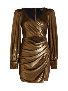Мини-платье из металлизированного бархата с запахом PatBO, золотой