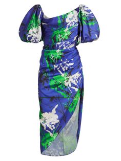 Платье-миди с пышными рукавами и цветочным принтом Prabal Gurung, кобальтовый