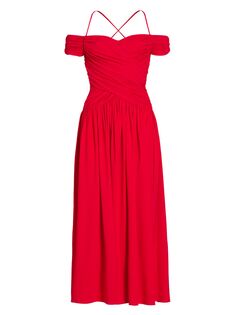 Платье с открытыми плечами и рюшами Rosetta Getty, красный