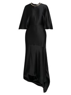 Украшенное атласное платье-макси с рукавами-накидкой Stella McCartney, черный
