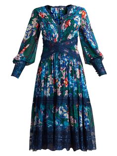 Кружевное платье-миди с цветочным принтом и длинными рукавами Tadashi Shoji, синий