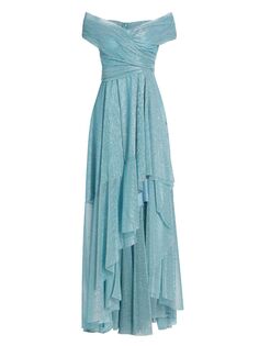 Платье с открытыми плечами из металлизированной вуали Talbot Runhof, бирюзовый