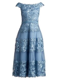Платье А-силуэта с открытыми плечами и цветочной вышивкой Tadashi Shoji, синий