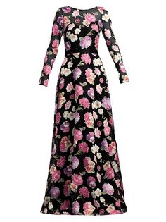 Платье с цветочным принтом и длинными рукавами Tadashi Shoji, черный